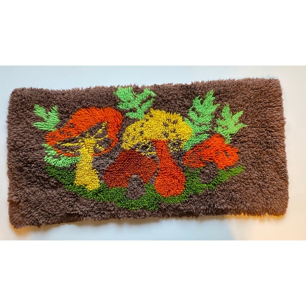 Vintage 70s Mushroom Garden Boho Wall Art Latch Hook Rug Wall Hanging 34x17 MCM